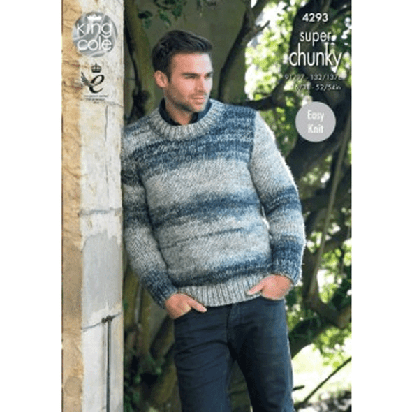 Mens Waistcoat and Round Neck Sweater Knitting Pattern | King Cole Big Value Super Chunky Tints 4293 | Digital Download - Main Image