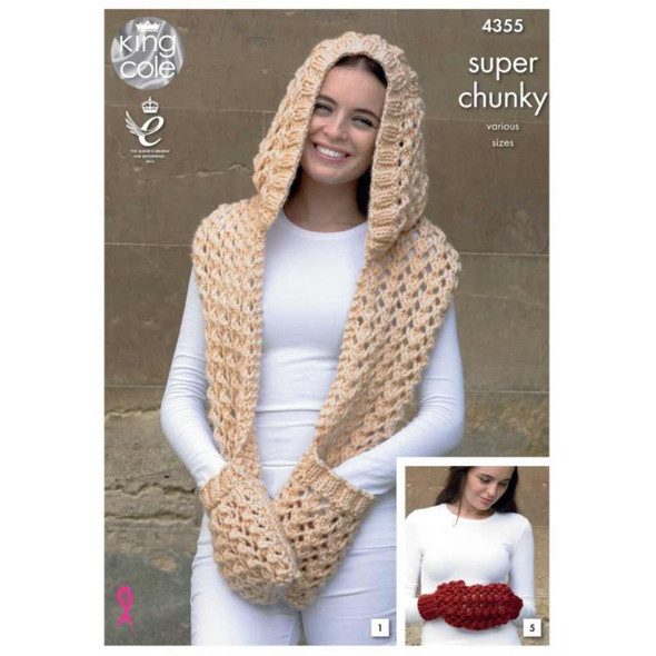 Ladies Hooded Scarf, Scarf, Snood, Slouchy, Slouchy Hat and Hand Warmer Knitting Pattern | King Cole Super Chunky 4355 | Digital Download -  Main image