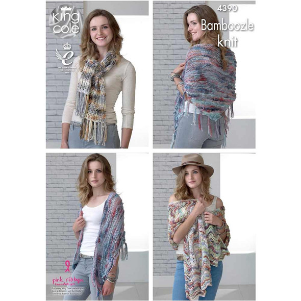 Ladies Shawls and Scarf Knitting Pattern | King Cole Bamboozle 4390 | Digital Download - Main image