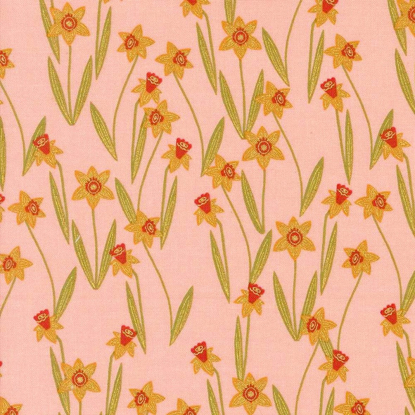 Shining Daffodils on Rose Pink with Gold Metallic - Bee Garden - Gingiber - 48413-21M - Moda