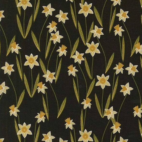 Shining Daffodils on Black with Gold Metallic - Bee Garden - Gingiber - 48413-21M