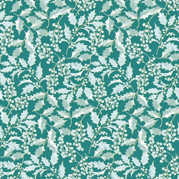 Holly Berry Vines on Teal with Gold Metallic - 16590M-84 - A Winter's Day