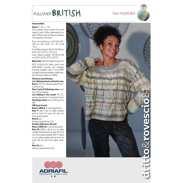 British - Women's Cable & Eyelet Jumper Knitting Pattern | Adriafil Filopuro Knitting Yarn D&R 81 | Digital Download - Main image