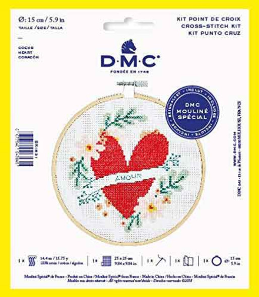 DMC | Mouline Cross Stitch Kits with 6" Embroidery Hoop - Heart