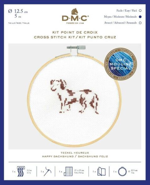 DMC Complete Cross Stitch Kits with 5" Embroidery Hoop | Happy Dachshund Design