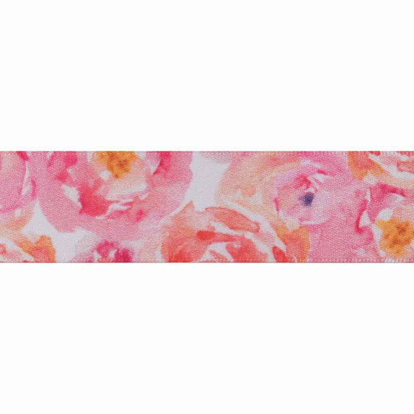 Pink Watercolour Posies Ribbon | 25mm | Berisfords | Half Metre Lengths
