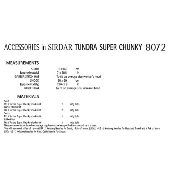 Sirdar Tundra Super Chunky Accessories Knitting Pattern | 8072 (PDF Download) - Pattern Information