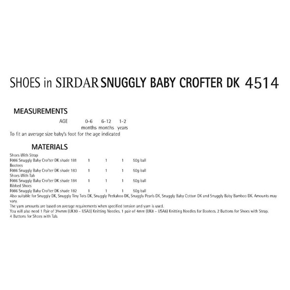 Sirdar Snuggly Baby Crofter DK Shoes Knitting Pattern | 4514P (PDF Download) - Pattern Information