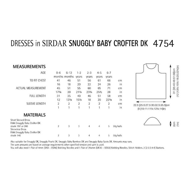 Sirdar Snuggly Baby Crofter DK Dresses Knitting Pattern | 4754P (PDF Download) - Pattern Information