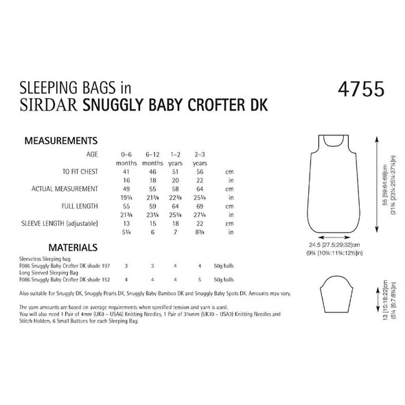 Sirdar Snuggly Baby Crofter DK Sleeping Bags Knitting Pattern | 4755P (PDF Download) - Pattern Information