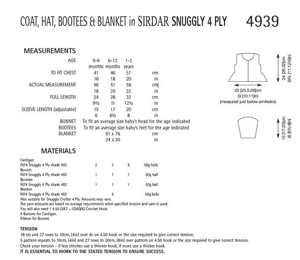 Coat, Hat, Bootees and Blanket Knitting Pattern | Sirdar Snuggly 4 Ply 4939 | Digital Download - Pattern Table 