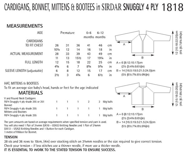 Cardigans, Bonnet, Mittens and Bootees Knitting Pattern | Sirdar Snuggly 4 Ply 1818 | Digital Download - Pattern Table