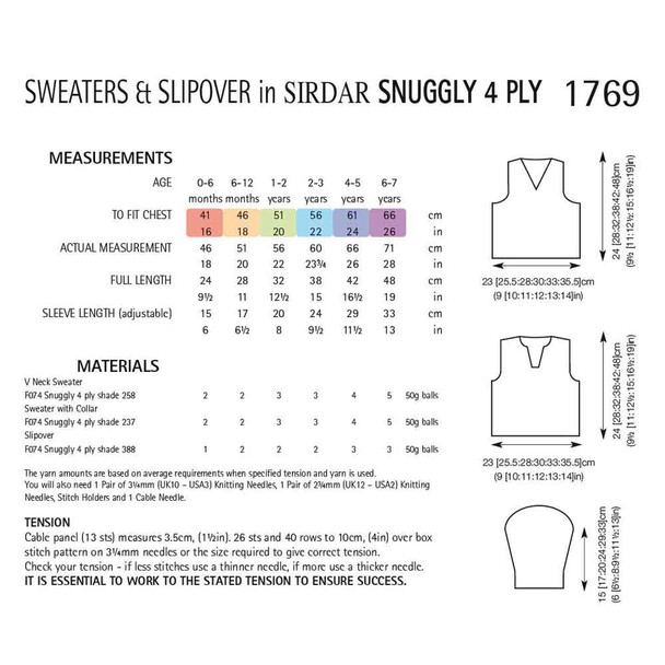 Cabled Sweaters and Slipover Vest Knitting Pattern | Sirdar Snuggly 4 Ply 1769 | Digital Download - Pattern Table