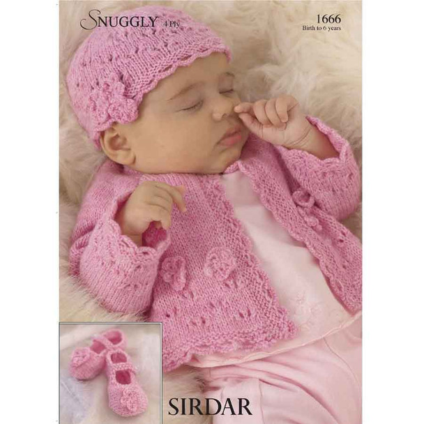 Flower and Lace Cardigan, Hat and Bootees Knitting Pattern | Sirdar Snuggly 4 Ply 1666 | Digital Download - Main Image