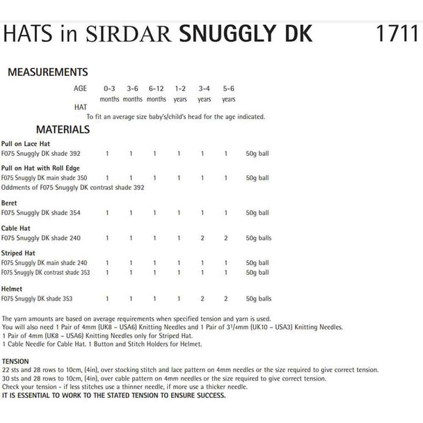 Children's Hats Knitting Pattern | Sirdar Snuggly DK 1711 | Digital Download