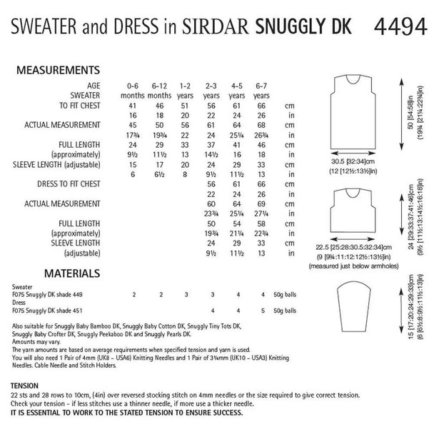 Girl's Sweater and Dress Knitting Pattern | Sirdar Snuggly DK 4494 | Digital Download - Pattern Table