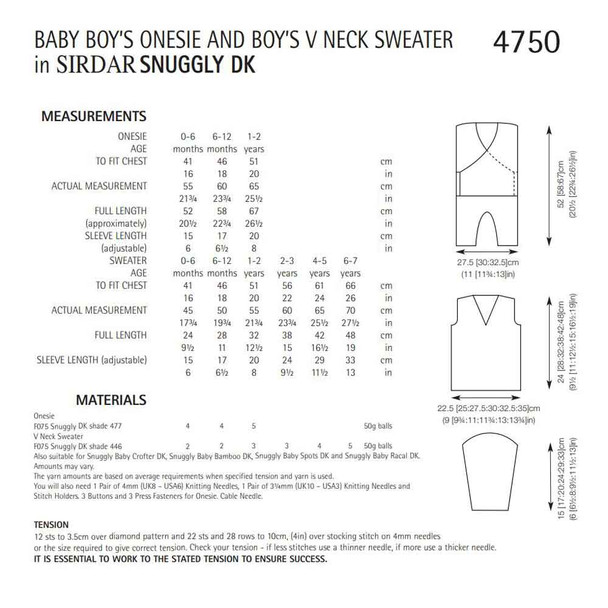 Baby Boy's Onesie and Boy's V Neck Sweater Knitting Pattern | Sirdar Snuggly DK 4750 | Digital Download - Pattern Table