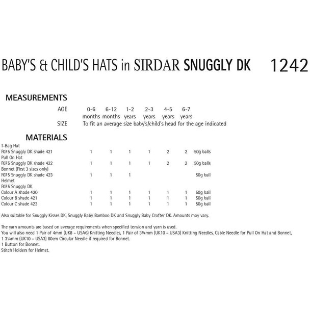 Baby's and Child's Hats Knitting Pattern | Sirdar Snuggly DK 1242 | Digital Download - Pattern Table