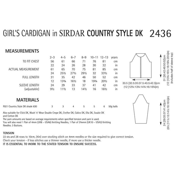 Girls Round Neck Cardigan Knitting Pattern | Sirdar Country Style DK 2436 | Digital Download - Pattern Table