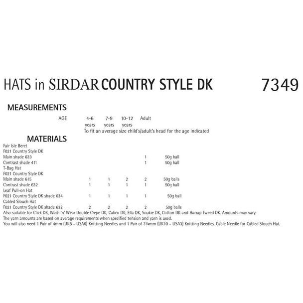 Hats Knitting Pattern | Sirdar Country Style DK 7349 | Digital Download - Pattern Table