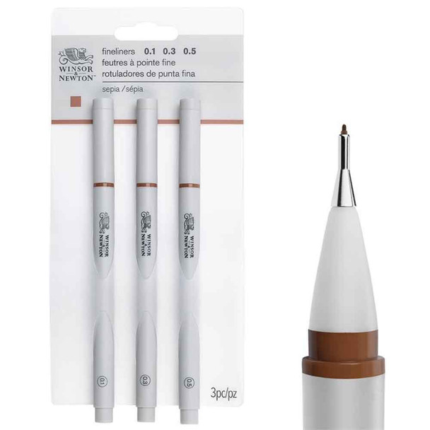 Winsor & Newton Sepia Fineliner Pens, Sizes 0.1, 0.3 & 0.5mm