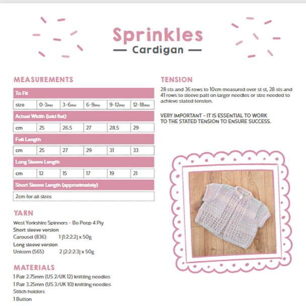 Sprinkles Cardigan Knitting Pattern | WYS Bo Peep 4 Ply Knitting Yarn WYS98987 | Free Digital Download - Pattern Information