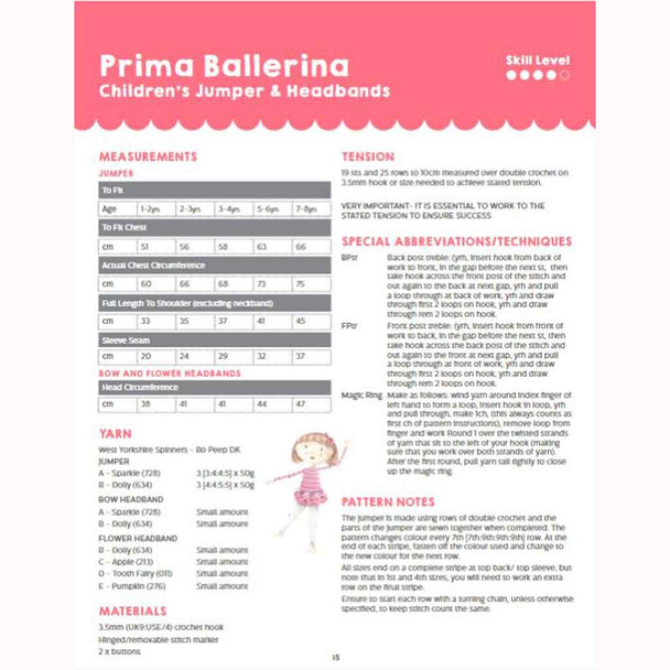 Prima Ballerina Jumper & Headbands Knitting Pattern | WYS Bo Peep DK Knitting Yarn DBP0100 | Digital Download - Pattern Table 2