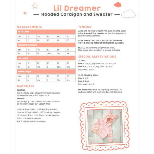 Lil Dreamer Hooded Cardigan & Sweater Knitting Pattern | WYS Bo Peep DK Knitting Yarn DBP0118 | Digital Download - Pattern Information