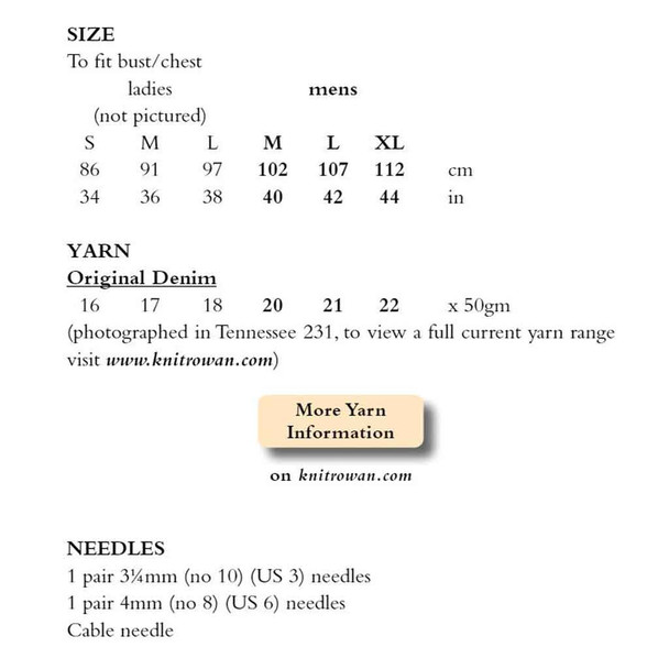 Rowan Denver Men Knitting Pattern using Original Denim | Digital Download (ROWEB-02599) - Pattern Table