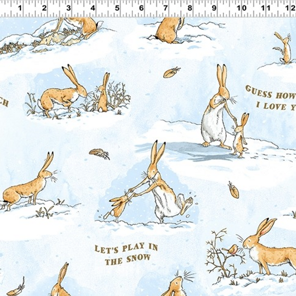 Guess How Much I Love You 2020 | Clothworks | CWY3085-87 Nutbrown Hare Winter Scenes and Text on Blue (Flannel)