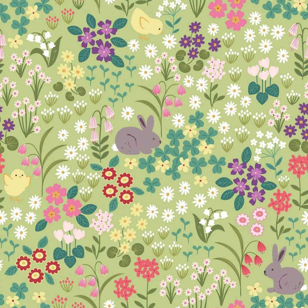 Bunny Hop | Lewis & Irene | Bunny & Chick Floral on Spring Green | A530.2