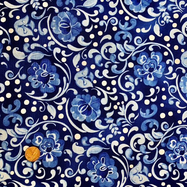 Hungarian Blue | Clothworks Fabrics | Dark Blue Large Floral | Y0591-31 | 1.5m REMNANT FABRIC - Please see penny for size reference