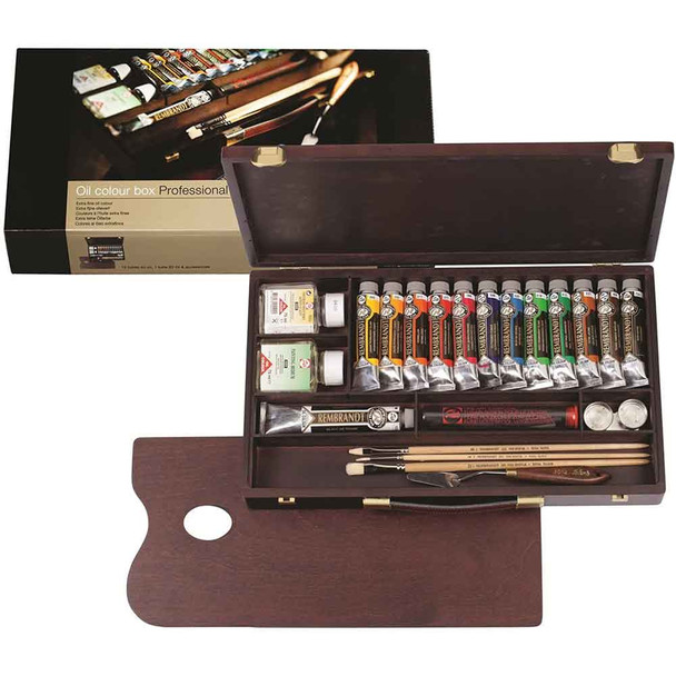 Rembrandt Oil Colour Paint | Traditional Wood Box Set with 12 tubes & Accessories | Royal Talens - Contents