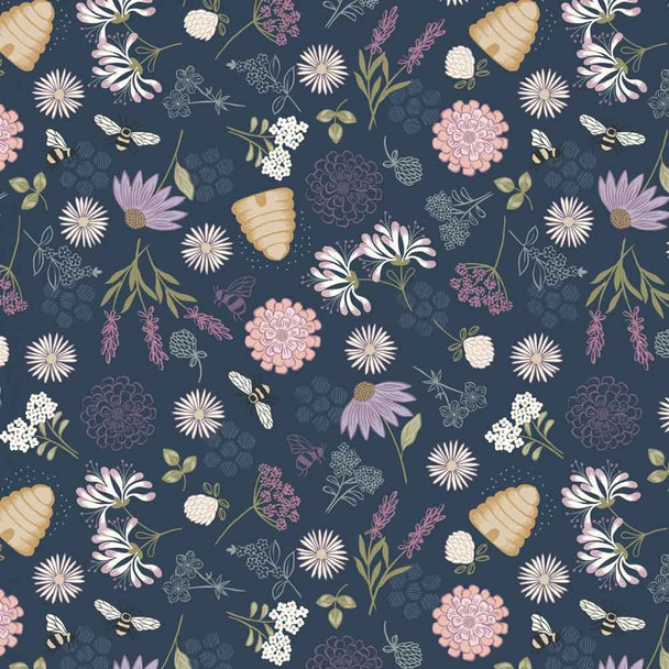 Queen Bee | Lewis and Irene | A504.3 Bee Floral on Dark Blue