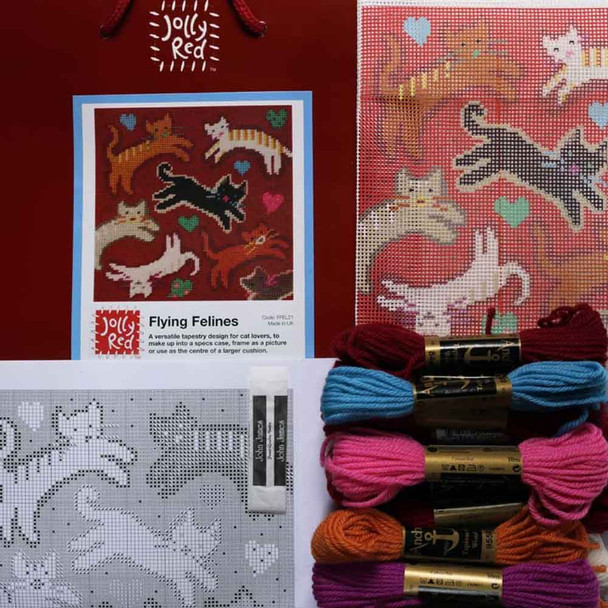 Jolly Red | Flying Felines Tapestry Kit | 7.5"x 7.5" (19 cm x 19 cm) - Content