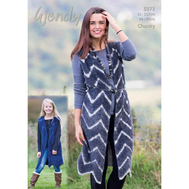 Wendy Eider and Serenity Chunky Childrens to Ladies Chevron Waistcoat Knitting Pattern | 5971