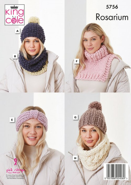 King Cole Rosarium Mega Chunky Hats, Snoods, Headband and Polo Neck Knitting Pattern | 5756