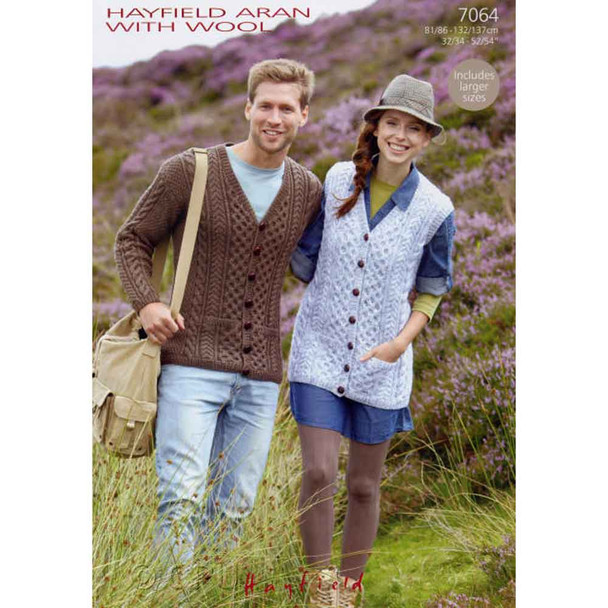 Men and Women Cardigan and Waistcoat Knitting Pattern | Sirdar Hayfield Aran with Wool 7064 | Digital Download - Main Image