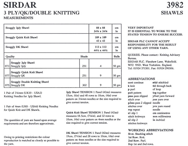 Shawls Knitting Pattern | Sirdar Snuggly 3 Ply 3982 | Digital Download - Pattern Table