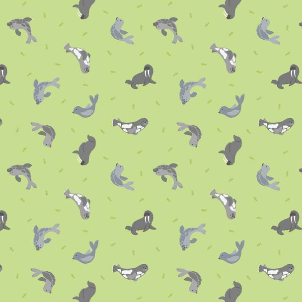 Small Things... Polar Animals | Lewis and Irene Fabric | SM43.1 | Seals on Iced Lime with Pearl