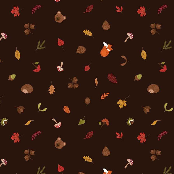 A Winter Nap | Lewis and Irene Fabric | A563.3 | Scattered Foliage & Friends on Dark Brown