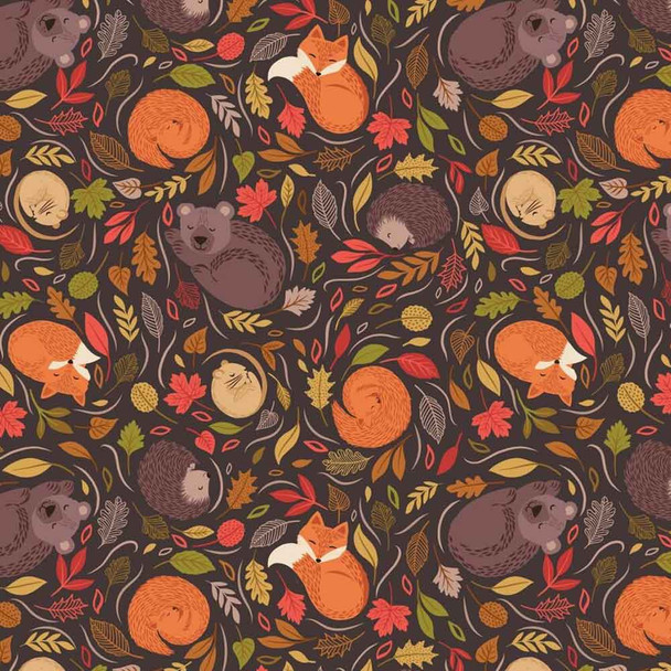 A Winter Nap | Lewis and Irene Fabric | A564.3 | Sleepy Friends on Dark Brown