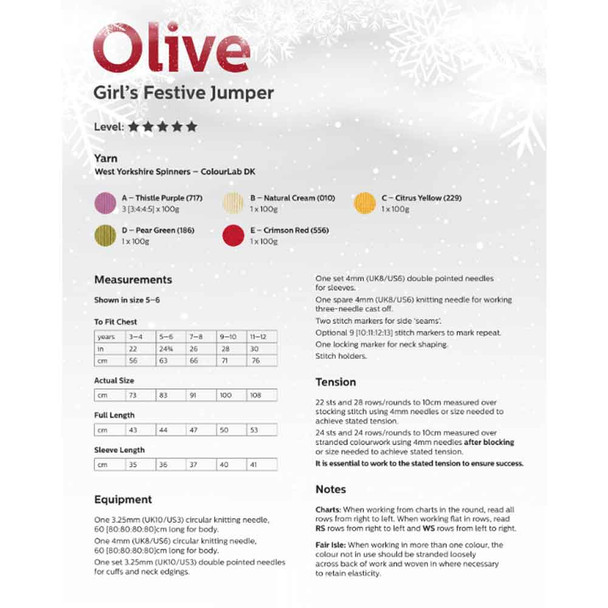  Olive Girl's Festive Jumper Knitting Pattern | WYS ColourLab DK Knitting Yarn DBP0189 | Digital Download - Pattern Information