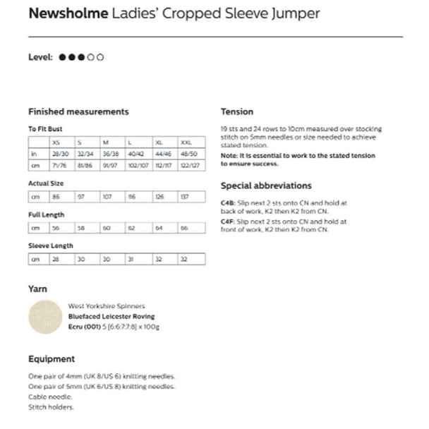 Newsholme Ladies Cropped Sleeve Jumper Knitting Pattern | WYS Bluefaced Leicester Roving Aran Knitting Yarn DBP0163 | Digital Download - Pattern Information