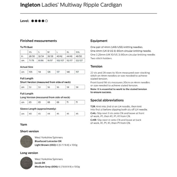 Ingleton Ladies Multiway Ripple Cardigan Knitting Pattern | WYS Bluefaced Leicester Roving DK and Jacob DK Knitting Yarn DBP0165 | Digital Download - Pattern Information