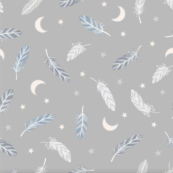 Enchanted | Lewis & Irene Fabric | A545.2 | Feathers & Stars on Grey with Silver Metallic