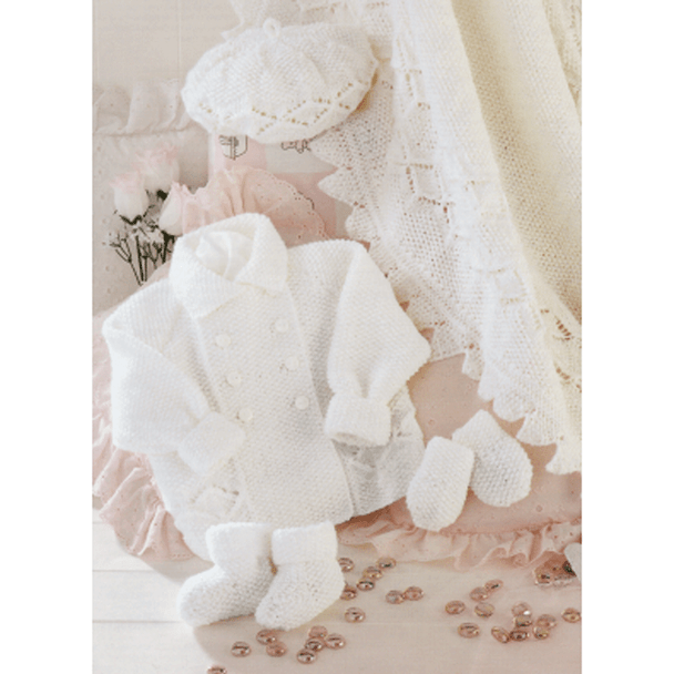 Baby Layette, Coat, Blanket, Beret, Mittens and Bootees Knitting Pattern | Sirdar Snuggly Pearls DK 3908 | Digital Download - Main Image