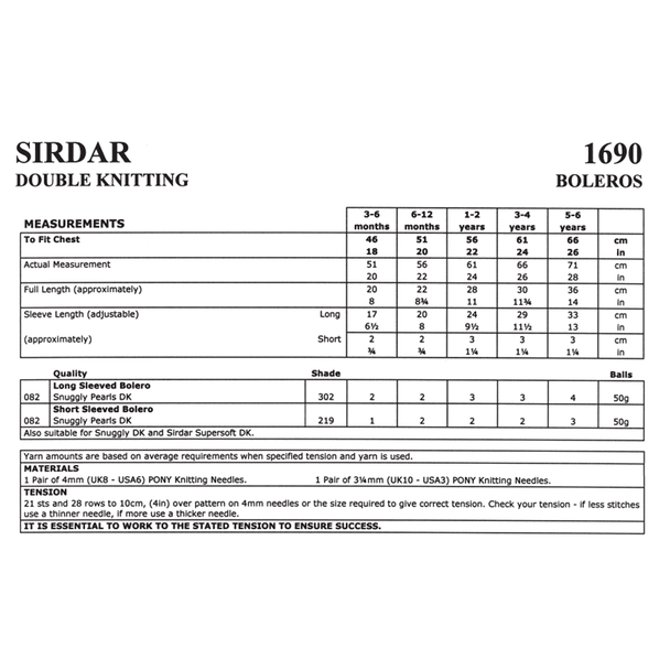 Baby's Long and Short Sleeved Bolero Knitting Pattern | Sirdar Snuggly Pearls DK 1690 | Digital Download - Pattern Table