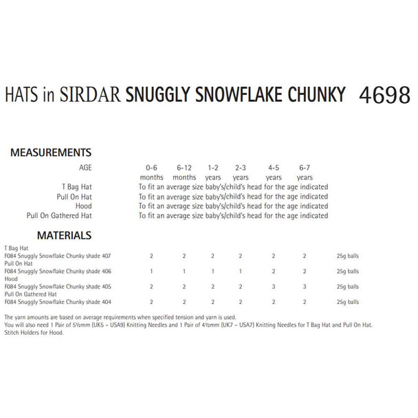 Boy's Girl's Hat Knitting Pattern | Sirdar Snuggly Snowflake Chunky 4698 | Digital Download - Pattern Table