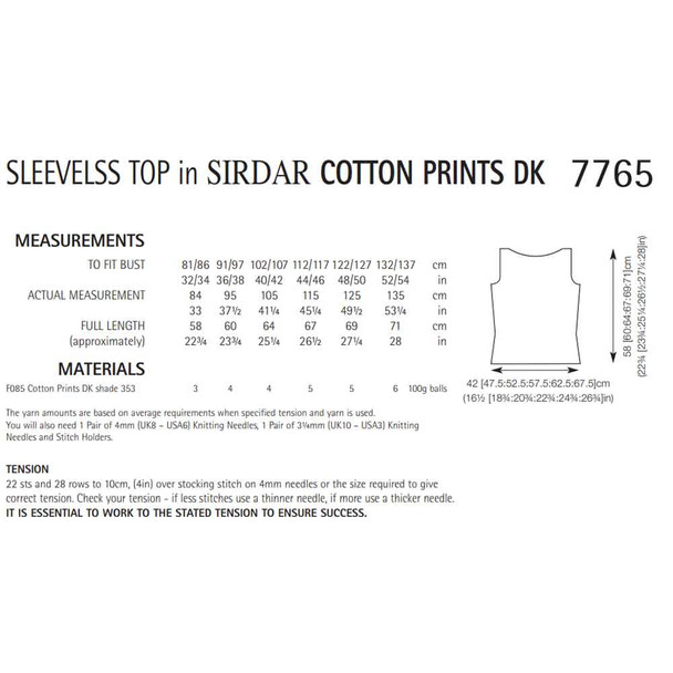 Woman Sleeveless Tops Knitting Pattern | Sirdar Cotton Prints DK 7765 | Digital Download - Pattern Table
